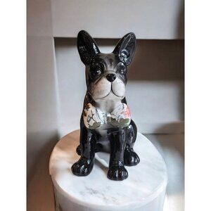 New Floral Retro Ceramic French Bulldog W/ Bow Statue Figurine Room Decor